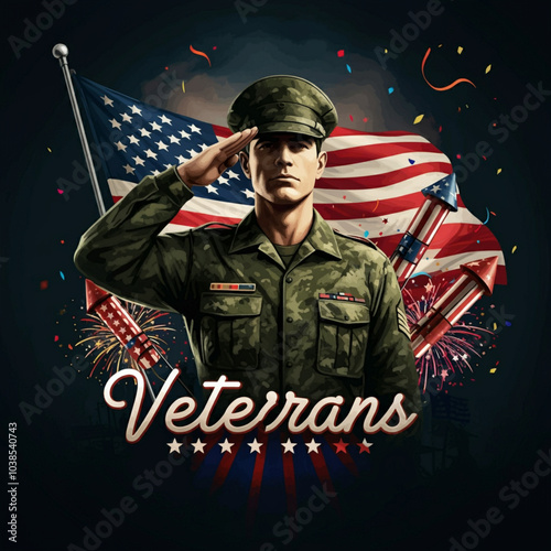 Patriotic Veterans Day Design: Military Hat, Stars & Stripes Shield, American Flags, and Flying Jets