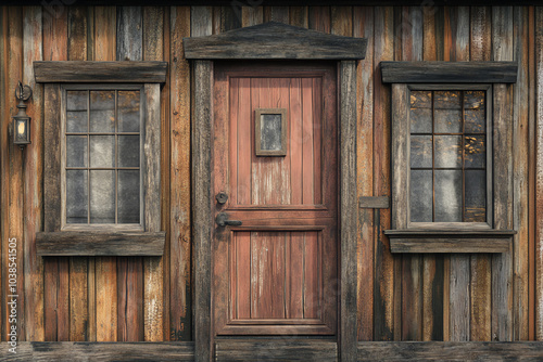 A rustic wooden door with weathered panels and vintage glass windows, showcasing classic craftsmanship.