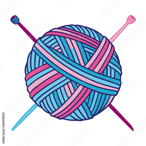  a ball of yarn with two knitting needles crossed behind it. The yarn is wrapped in a pattern with alternating colors of blue and pink