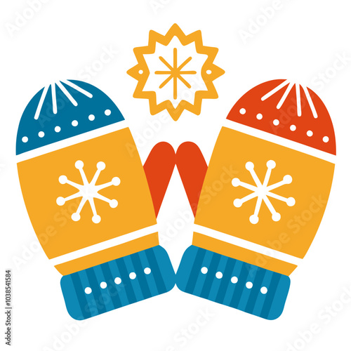 a pair of colorful mittens. The mitten on the left is primarily blue and yellow, while the mitten on the right is primarily red and yellow. Both mittens have a snowflake design in the center