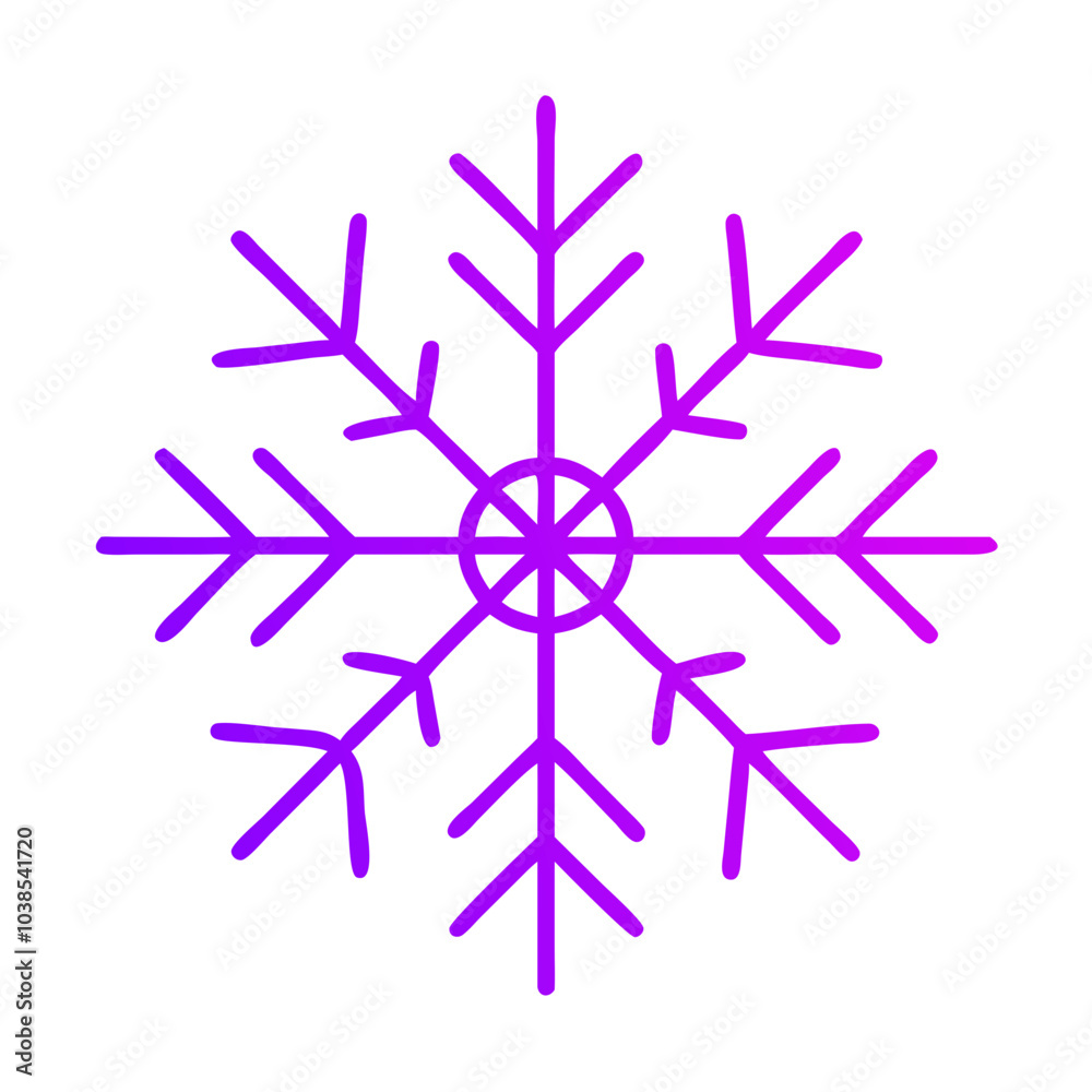 a stylized purple snowflake on a white background. The snowflake has a symmetrical design with six main branches, each having smaller branches extending from them