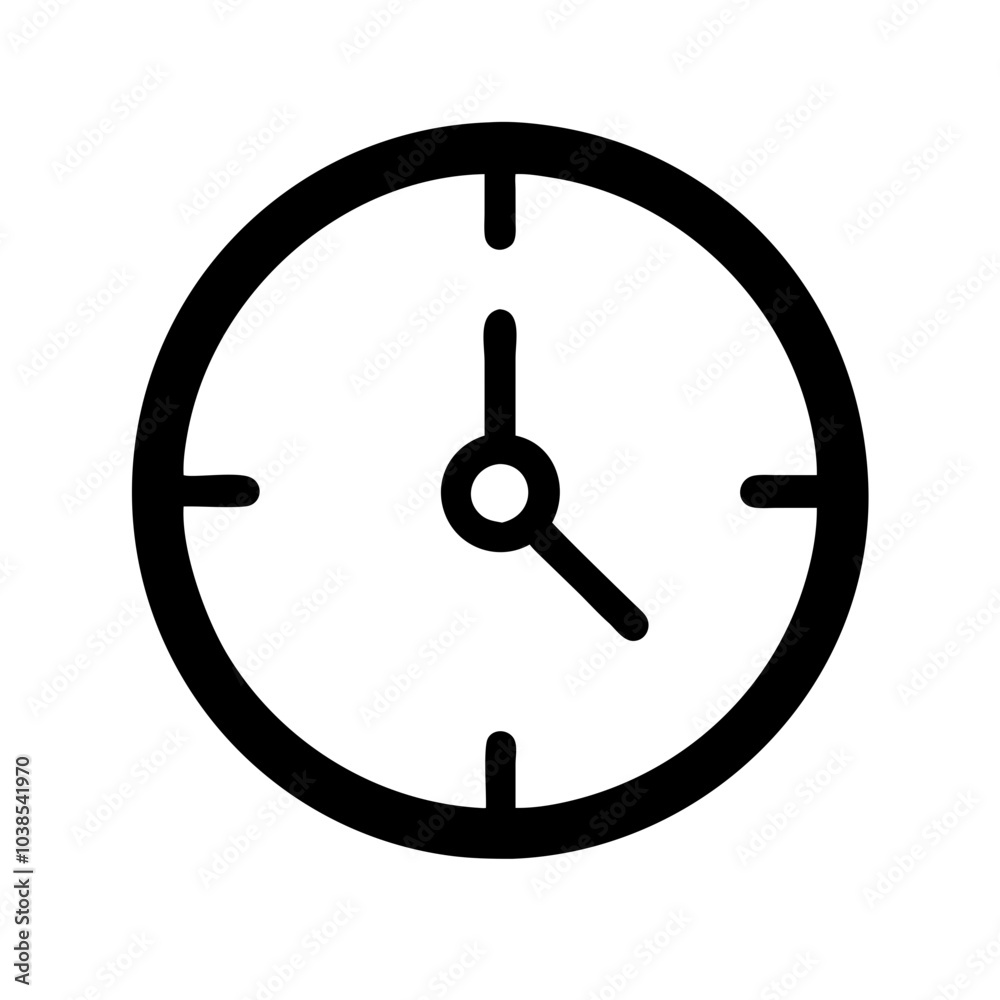 a simple black and white icon of a clock. The clock face is circular with a black outline. It has two hands: a shorter hour hand pointing at the 3 o'clock position and a longer minute hand pointing a simple black and white icon of a clock. The clock face is circular with a black outline. It has two hands: a shorter hour hand pointing at the 3 o'clock position and a longer minute hand pointing
