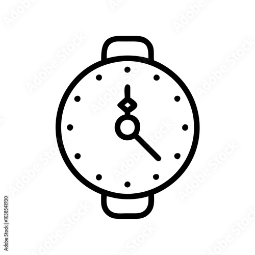  a simple black and white line drawing of a wristwatch. The watch face is circular with a small circle in the center and two hands. The hour hand is pointing towards the 4 o'clock position