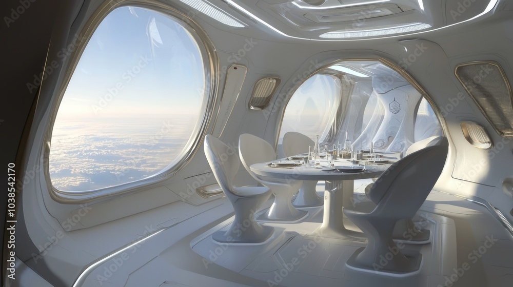 Futuristic Sci-Fi Spaceship Dining Area with Stunning Outer Space Views - Ultra-Detailed Illustration Futuristic Sci-Fi Spaceship Dining Area with Stunning Outer Space Views - Ultra-Detailed Illustration