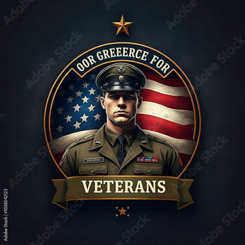 Patriotic Veterans Day Design: Military Hat, Stars & Stripes Shield, American Flags, and Flying Jets