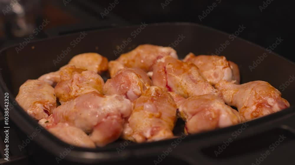 Home cooking chicken drumsticks in black fry pan with smooth sliding and panning motion Home cooking chicken drumsticks in black fry pan with smooth sliding and panning motion