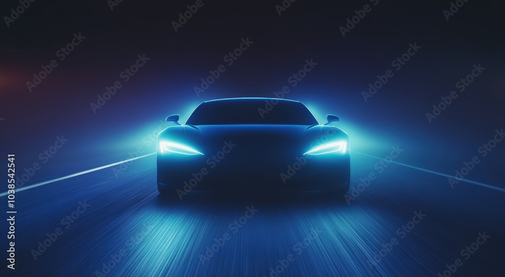 Futuristic electric sports car speeding on a dark road Futuristic electric sports car speeding on a dark road