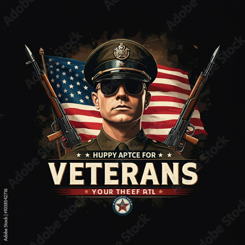 Patriotic Veterans Day Design: Military Hat, Stars & Stripes Shield, American Flags, and Flying Jets