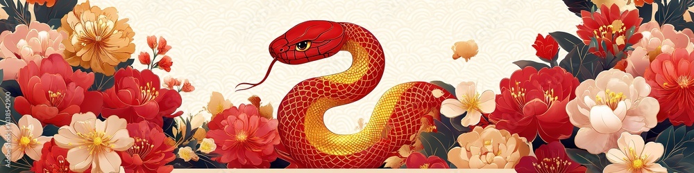 Fototapeta premium Red snake among colorful flowers on textured background