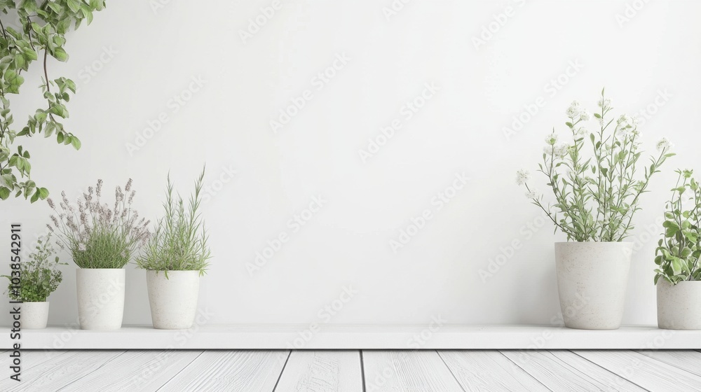 Fototapeta premium White wooden table against a seamless white wall, providing a clean and simple backdrop for product displays.
