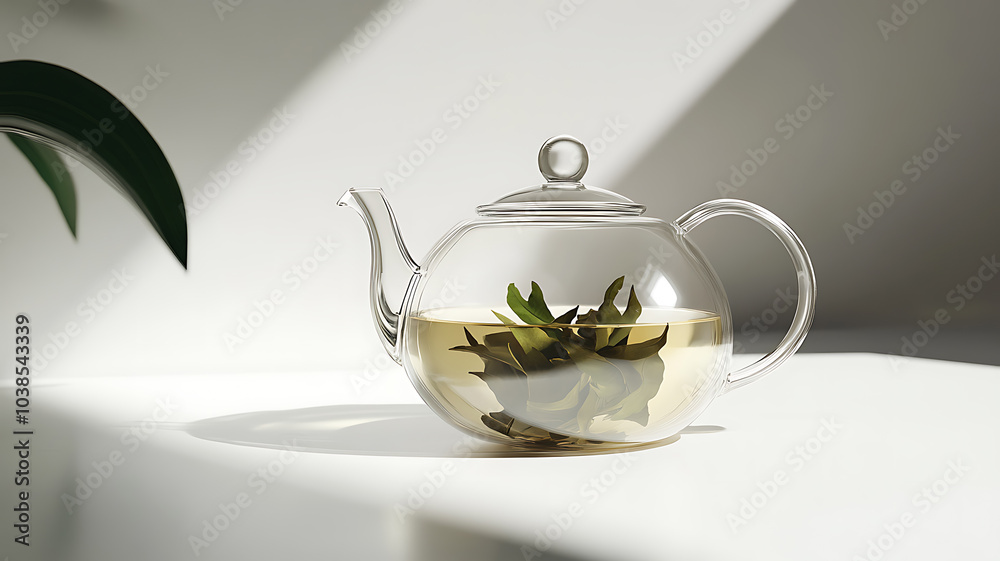 A close-up of an elegant glass teapot filled with hot tea, showcasing the delicate details of the leaves inside, set on a clean white background, minimalist and sophisticated. A close-up of an elegant glass teapot filled with hot tea, showcasing the delicate details of the leaves inside, set on a clean white background, minimalist and sophisticated.
