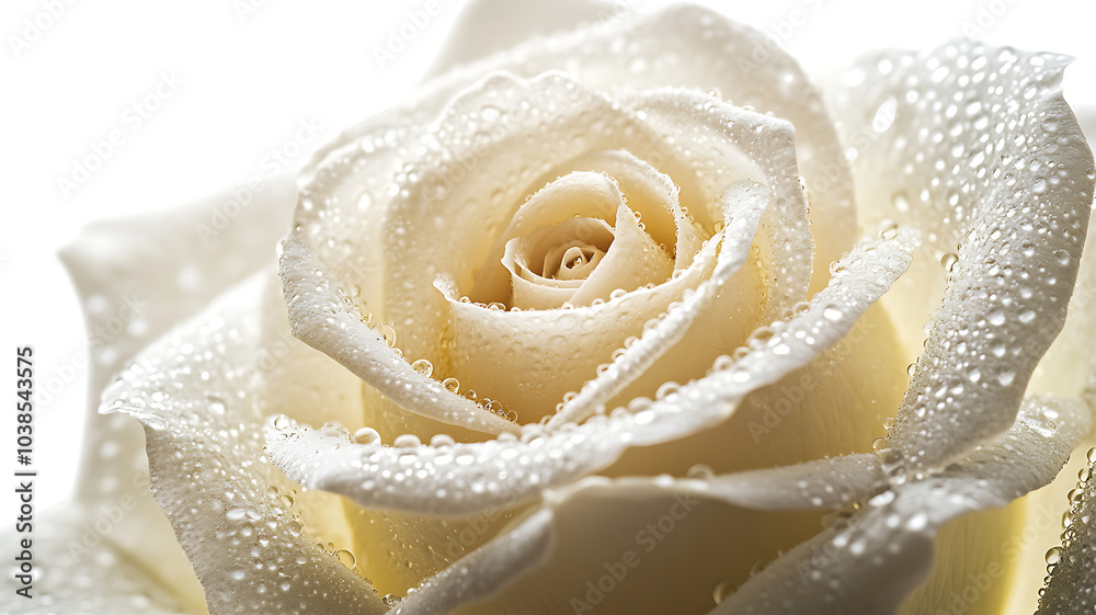 A close-up of a rose with dewdrops on its velvety petals, the white background enhancing the contrast and detail of the flower, soft lighting and high detail. A close-up of a rose with dewdrops on its velvety petals, the white background enhancing the contrast and detail of the flower, soft lighting and high detail.