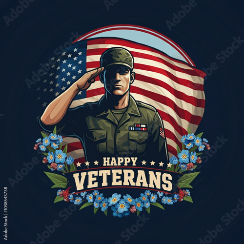 Patriotic Veterans Day Design: Military Hat, Stars & Stripes Shield, American Flags, and Flying Jets