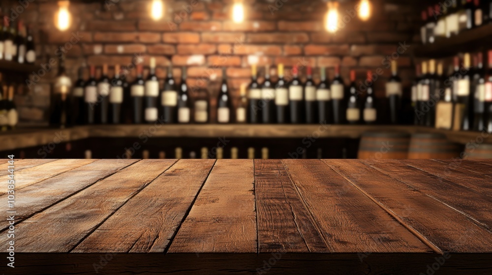 Wooden table in a rustic wine cellar, rows of wine bottles visible in the background, warm lighting.
