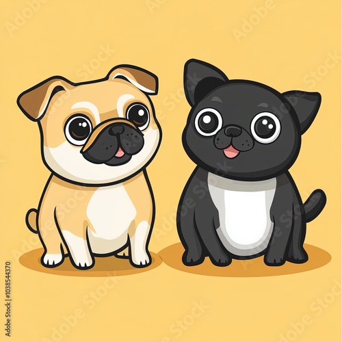 Two cute cartoon puppies sitting and smiling