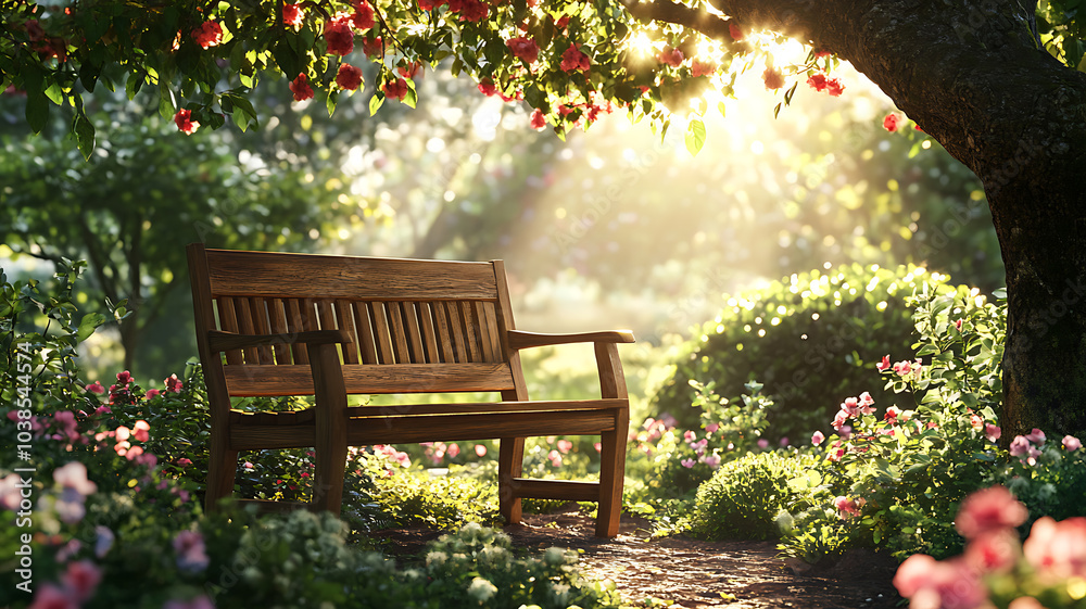 A garden bench made of solid teak wood, placed under a tree with sunlight filtering through, surrounded by blooming flowers and natural greenery, rustic and serene. A garden bench made of solid teak wood, placed under a tree with sunlight filtering through, surrounded by blooming flowers and natural greenery, rustic and serene.