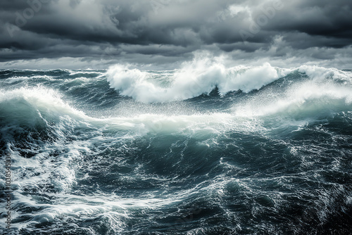 Dramatic ocean waves crashing against each other under a stormy sky, capturing the power and beauty of nature.