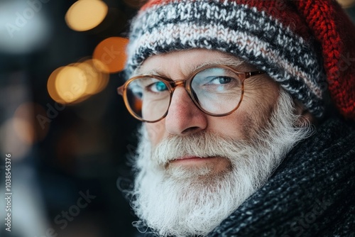 A thoughtful senior man in winter attire, wearing a knitted hat and scarf, peers through round glasses, capturing a sense of wisdom and reflection outdoors.