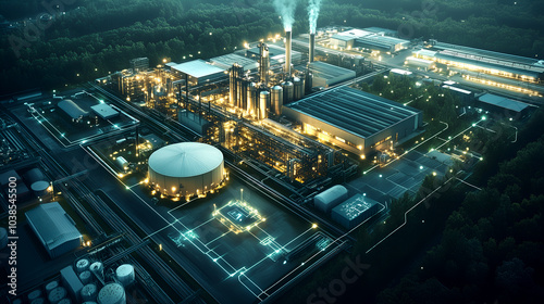 Aerial view of modern industrial refinery at night, illuminated structures showcasing advanced energy technology and complex architecture, emphasizing efficiency, innovation, and futuristic developmen photo