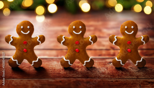 クリスマスの人形ジンジャークッキー3個　木製の背景