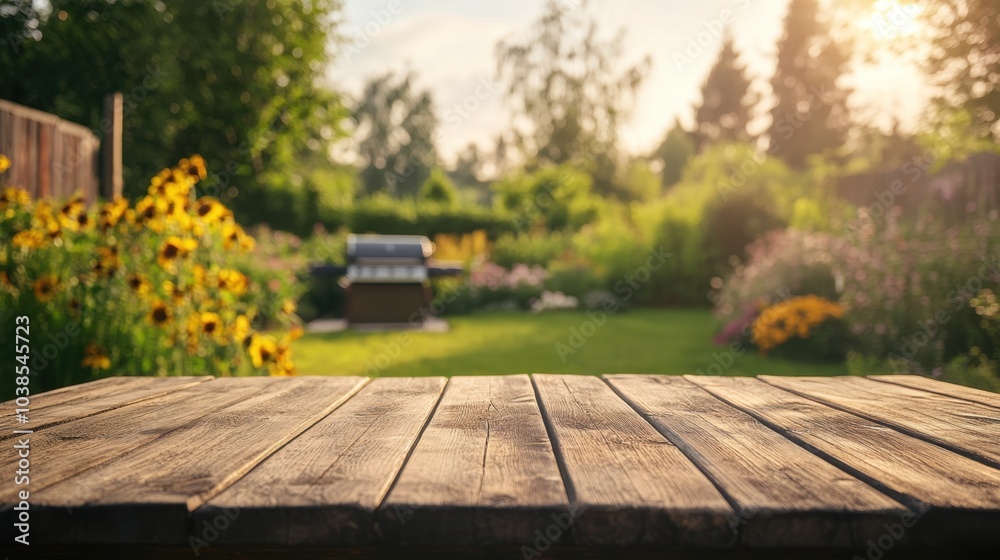 Wooden table with a cozy backyard BBQ softly blurred in the background, evoking a casual summer atmosphere. Wooden table with a cozy backyard BBQ softly blurred in the background, evoking a casual summer atmosphere.