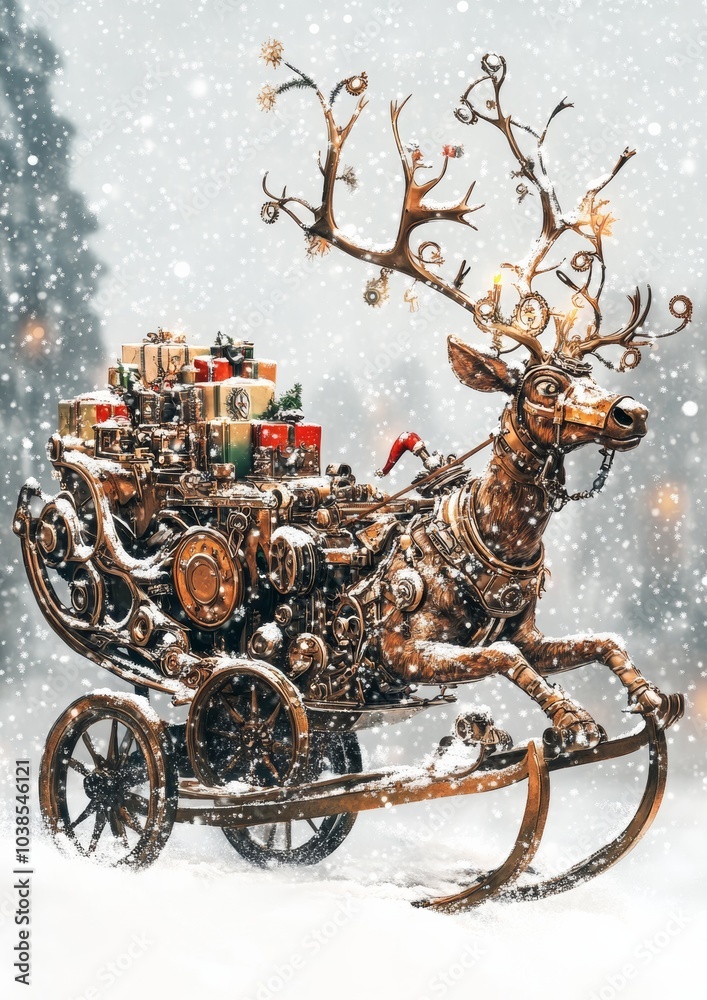 Obraz premium Festive reindeer with a sleigh full of gifts, set against a snowy backdrop, evoking holiday cheer and celebrations.