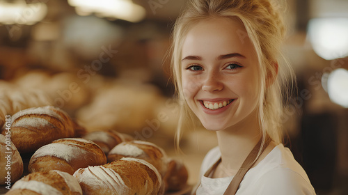 Bakery, fresh bread, baker girl smiling