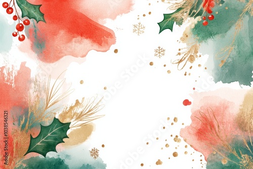 Festive watercolor background with holly and berries, perfect for holiday designs and greeting cards. photo