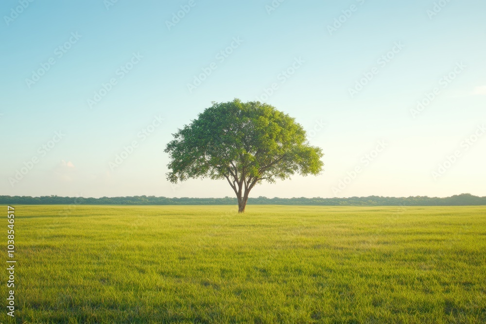 Lone tree in lush green field under blue sky Lone tree in lush green field under blue sky