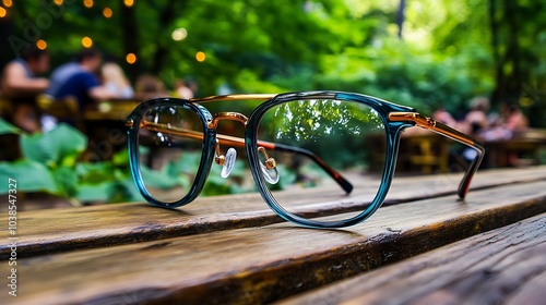 Isolated pair of black plastic spectacles on a white bench in a park photo