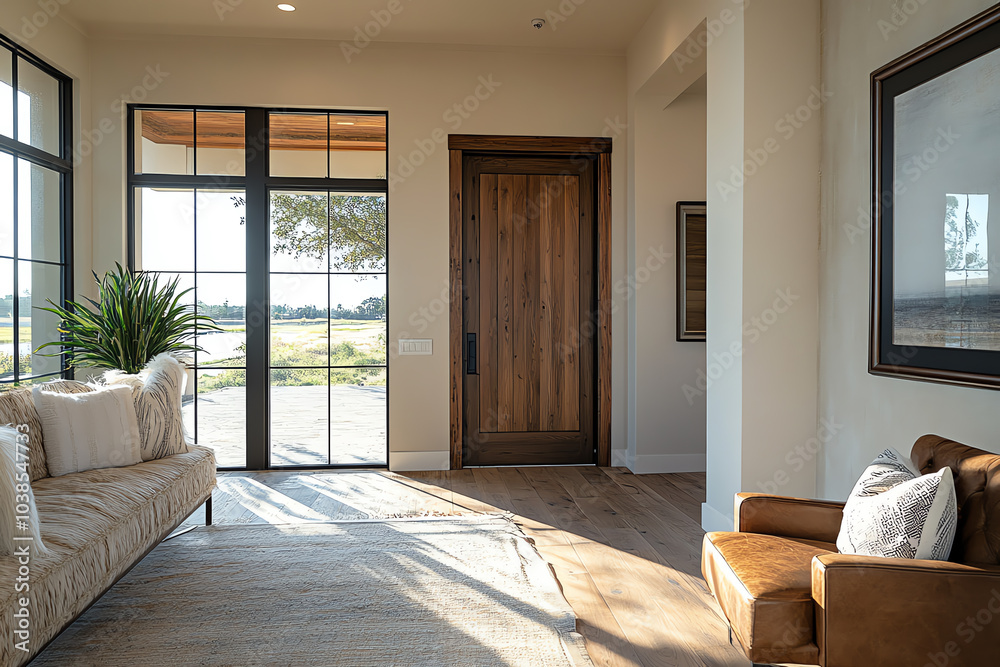 Fototapeta premium Modern interior design featuring a cozy living space with natural light and stylish furnishings.