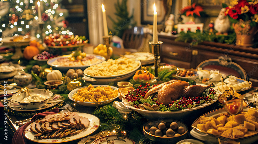 The image can be named Festive Christmas table setting with traditional Thai desserts in a cozy restaurant The image can be named Festive Christmas table setting with traditional Thai desserts in a cozy restaurant