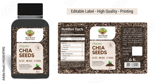 Chia seeds label design Chia seeds Salvia hispanica nutrition superfood sticker design pouch packaging jar product label design, vector illustration print ready template download
