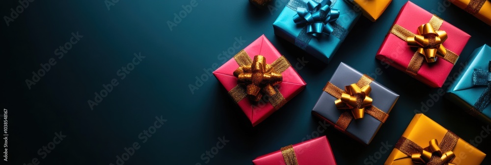 Colorful gift boxes with shiny bows are artfully arranged on a dark surface, creating a festive atmosphere ideal for any celebration. Generative AI Colorful gift boxes with shiny bows are artfully arranged on a dark surface, creating a festive atmosphere ideal for any celebration. Generative AI