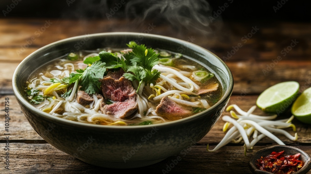 A steaming bowl of aromatic pho filled with rice noodles, tender slices of beef, and fragrant herbs A steaming bowl of aromatic pho filled with rice noodles, tender slices of beef, and fragrant herbs
