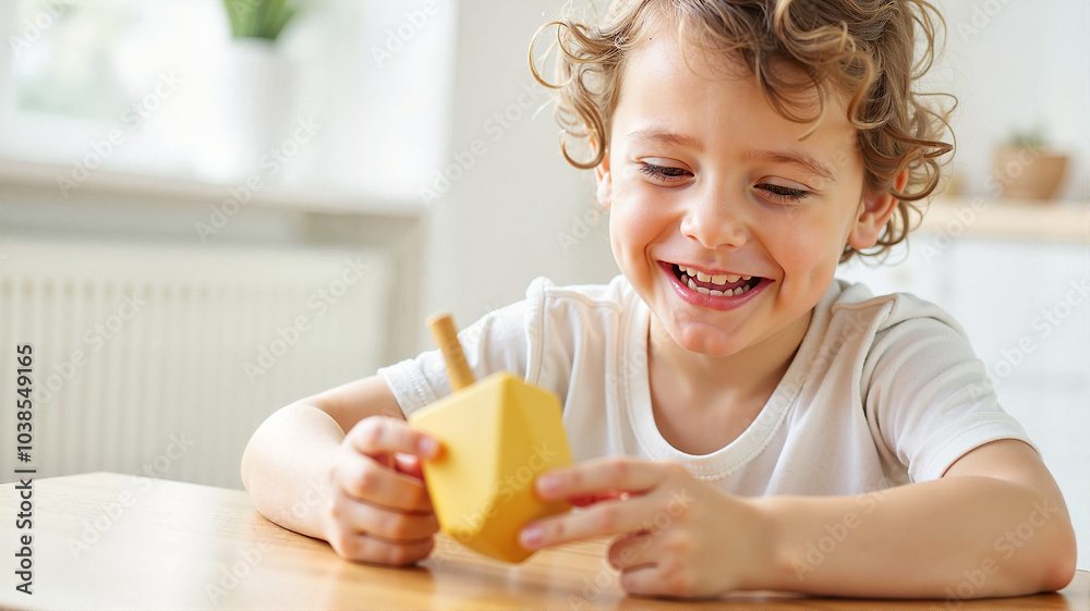 Happy child, joyful mood, playing with a dreidel, bright indoor background Happy child, joyful mood, playing with a dreidel, bright indoor background
