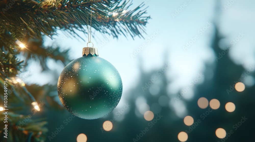 Sparkling christmas ornament hanging on pine tree branch Sparkling christmas ornament hanging on pine tree branch