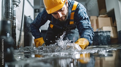Emergency plumbing service fixing a pipe leak in a basement, with water spilling and the plumber in action, preventing further damage to property.