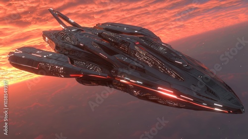 Futuristic Spaceship Exterior in Nebula Sunset - Ultra-Detailed Sci-Fi Ray Tracing Illustration photo