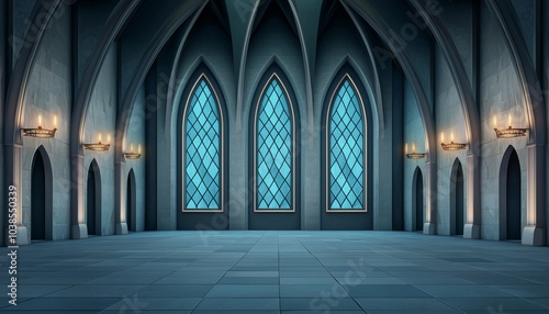 A beautifully designed interior featuring tall arched windows and elegant wall sconces, ideal for a fantasy setting.