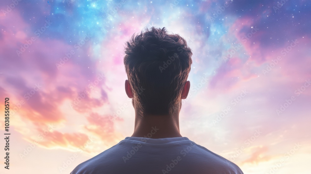 man gazing at colorful cosmic sky man gazing at colorful cosmic sky