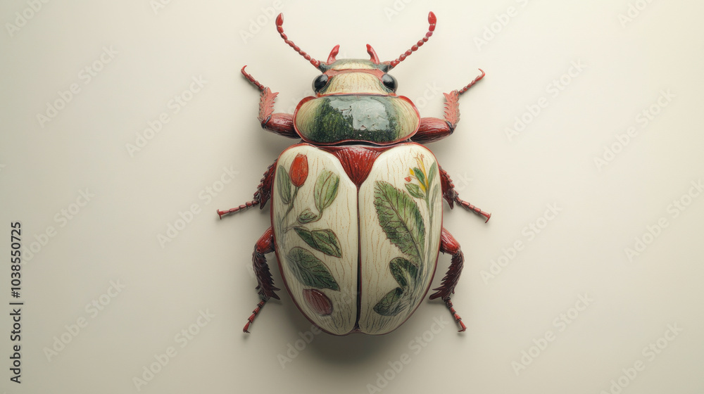 Bug with flowers painted on its back, neutral background, shot from above Bug with flowers painted on its back, neutral background, shot from above
