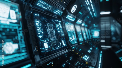 Fototapeta Naklejka Na Ścianę i Meble -  Futuristic Spaceship Communication Room with Crew Members Coordinating Activities in Spectacular Ray Tracing Illustration