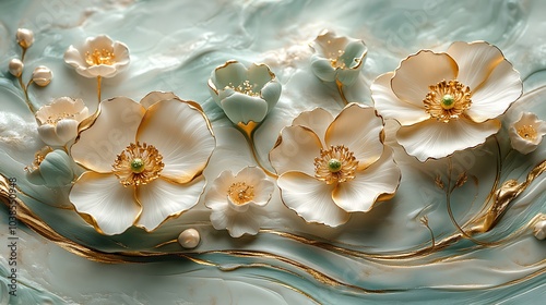3d abstract background with white paper flowers and golden, green leaves, floral botanical