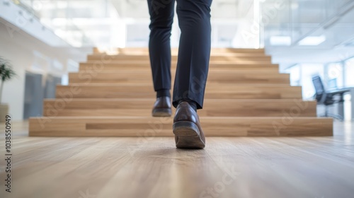 Businessman walking up wooden stairs in office