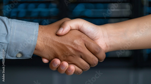 Two businessmen in suits shaking hands in a corporate meeting, symbolizing a successful deal and partnership photo