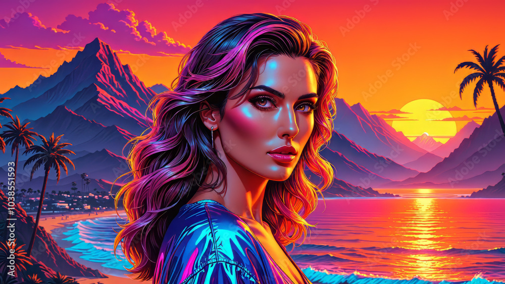 synthwave beach sunset scenery, a beautiful brown haired woman with an orange sunset and relaxing waves, waves, mountains, palm trees, miami, 80s, warm, colourful, summer vibes, golden times synthwave beach sunset scenery, a beautiful brown haired woman with an orange sunset and relaxing waves, waves, mountains, palm trees, miami, 80s, warm, colourful, summer vibes, golden times
