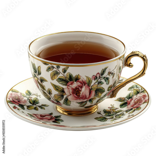 Elegant tea cup with floral design and saucer, on white background.,transparent background