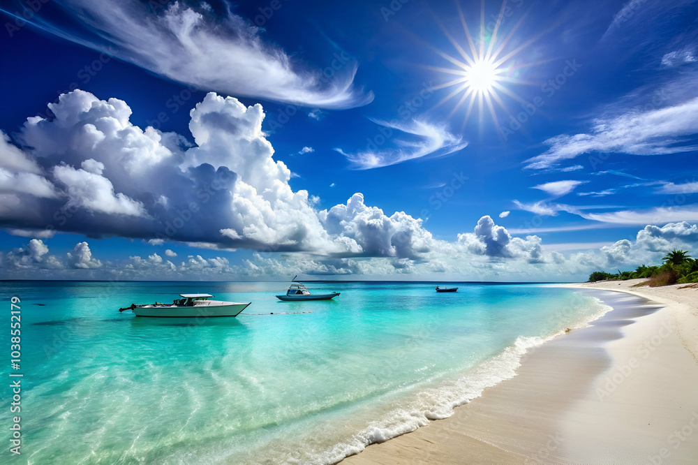 Fototapeta premium A stunning beach scene with turquoise waters, gentle waves, boats by the shoreline, and a vibrant blue sky filled with fluffy clouds and a bright sun.