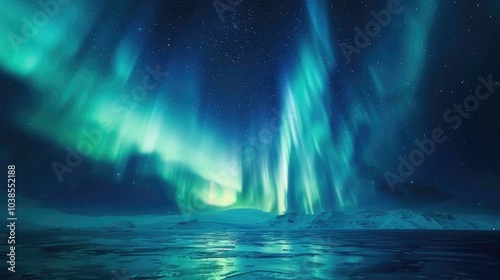 Vibrant green and blue aurora borealis dancing across the night sky above a frozen landscape.